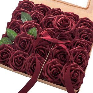 Artificial Flowers 25pcs Real Looking Burgundy Foam Fake Roses with Stems